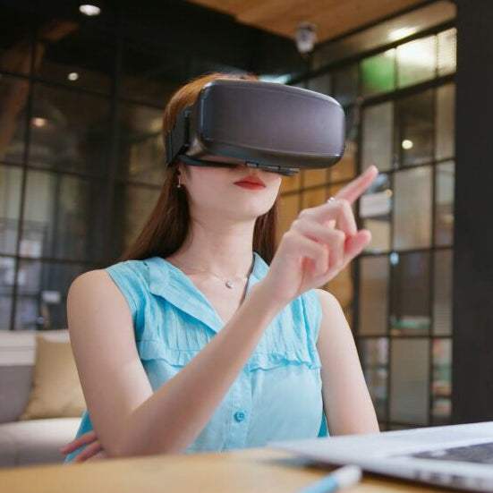 Person wearing virtual reality eyeglasses