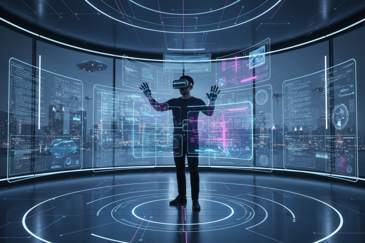 Person wearing VR goggles in a futuristic room with digital interfaces and cityscape.