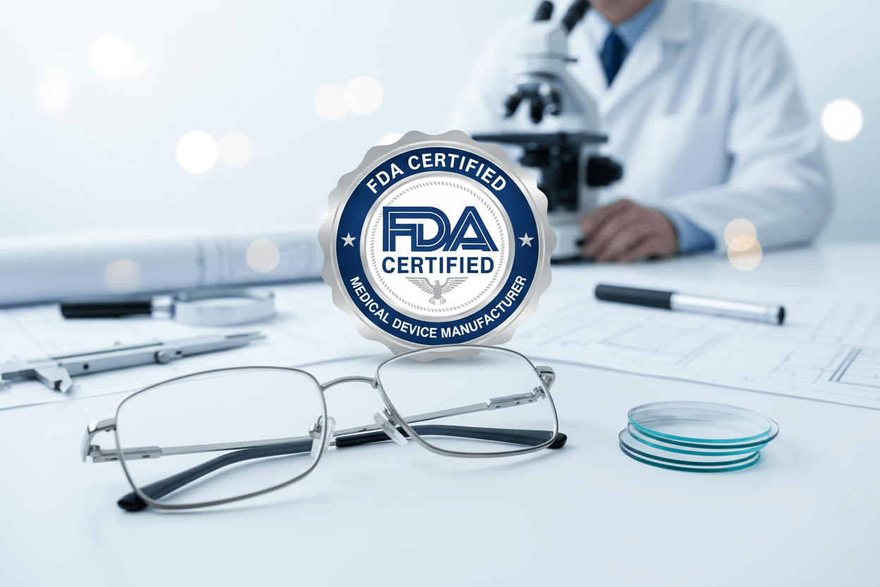 FDA Certified badge on a desk with glasses, microscope, and lab equipment.