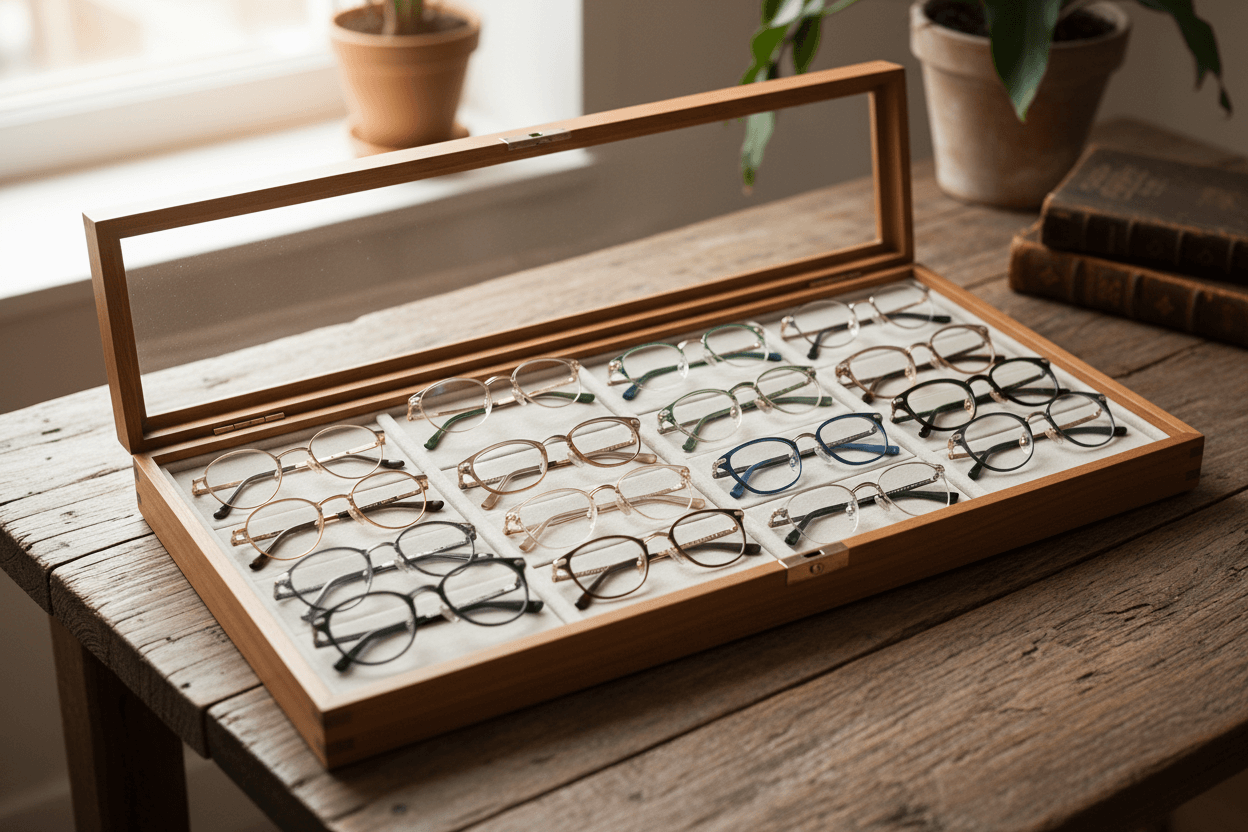 Wooden display case with various eyeglasses on a wooden table.