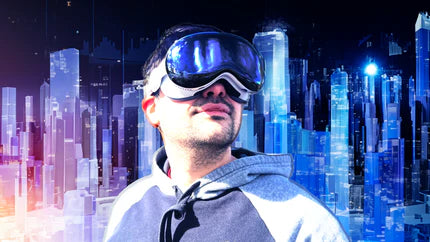 Person wearing futuristic goggles with a cityscape background