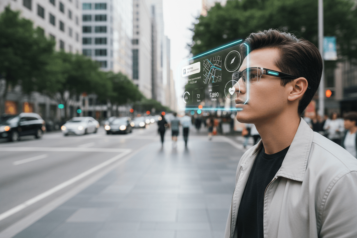 Person wearing augmented reality glasses on a city street