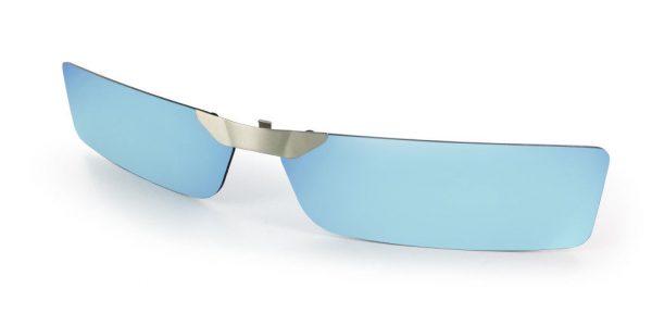 A pair of sun lenses that are rectangular shaped and tinted blue, with a metal nose piece.