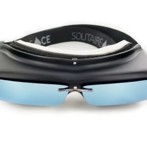 Set of Solitare Ace 2.0 smart goggles featuring magnetically-attached, blue-colored, polarized, rectangular lenses.