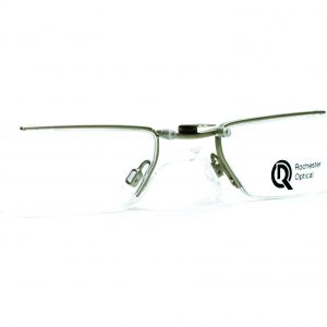 Rectangular-shaped stem-less clip-on eye glasses with metal bridge and nose piece.