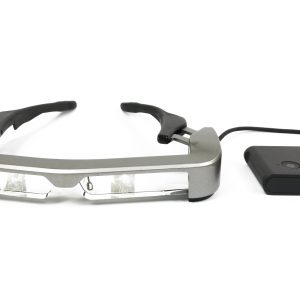 Pair of stainless steel and black framed rectangular smart glasses that are wired, have an external plug-in, and a camera next to the right lens.