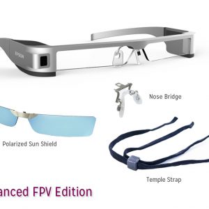 A pair of stainless steel smart glasses, a wire nose bridge, a blue and rectangular polarized sunshield, and a black temple strap.