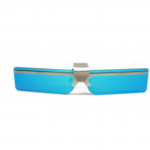 Pair of rectangular, clip-on, polarized, and blue-tined flip-up sunglasses with a thin metal frame and nose piece.