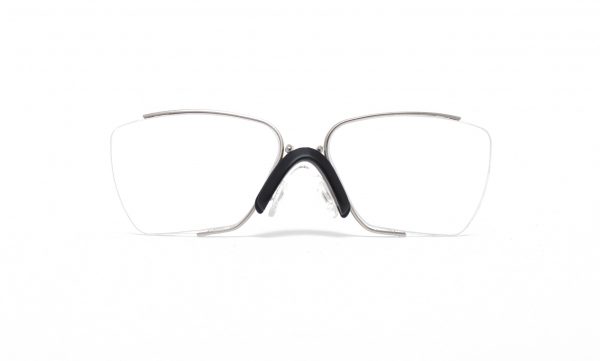Semi-round and -rectangular prescription lens insert with a soft-padded nose bridge.