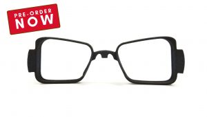 Black, rectangular- and glasses-shaped prescription lens insert.